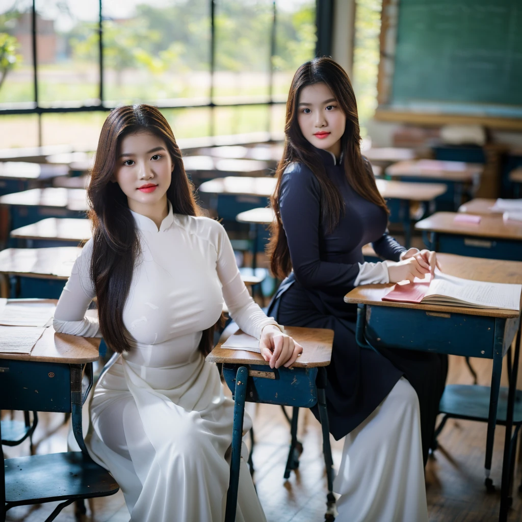 ((Ao Dai, big breasts, beautiful breasts, sitting on a chair in the classroom, 8k quality photo with good details))