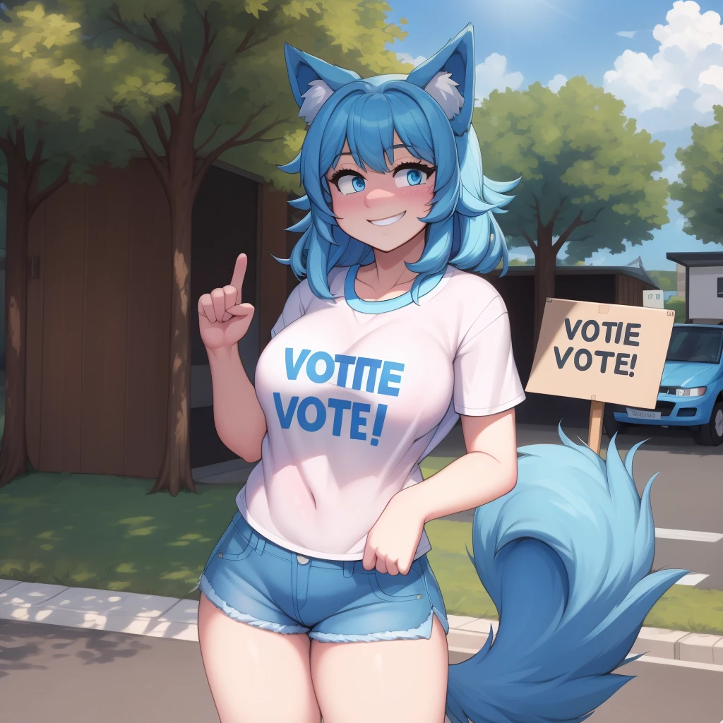 (Masterpiece) (High Detail) (High Res) A short humanoid girl with pale human skin and blue eyes and long blue hair and blue dog ears and a fluffy blue dog tail and average breasts. She is stood outside a polling station and is holding a protest sign which says "VOTE!" and she is smiling cheerfully. She is wearing an oversized t-shirt and denim shorts.