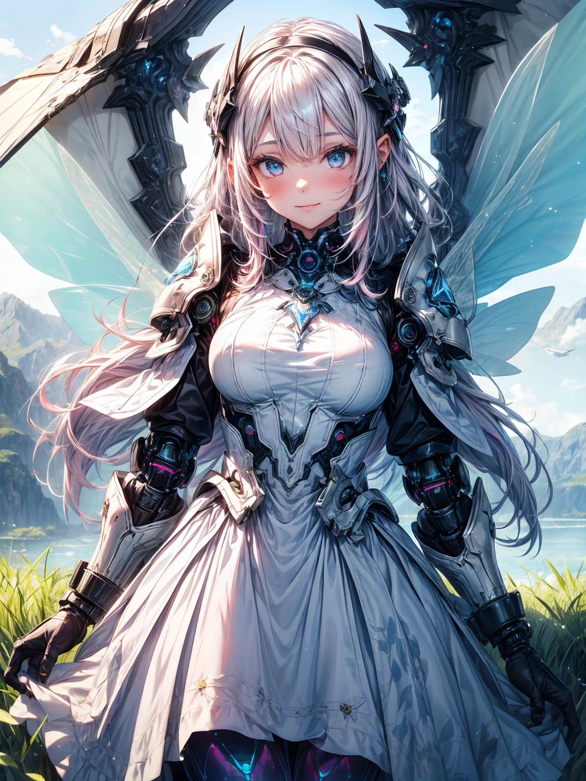 (1 Girl: 1.0),
(Age 25:1.0), (Medium Chest: 1.2),  (Pink medium hair:1.0),
(Beautiful Face:1.1), (Clear blue little eyes: 1.0), (Cybernetic female robot: 1.0), (Very detailed mech suit:1.0),
(White Gothic Breastplate:1.0), (Doll joints: 1.0), (Gorgeous and modest white wizard dress skirt:1.1),
(Decorative embroidery:1.0), (White luxury dress:1.1), (iridescent holographic fairy wings:1.3), (Flight:1.1), (A kind smile:1.0),
An image of a female android Flight low over an undulating grassy field. The mountain behind her々々There is, Blue sky and lake. Shining from above in the midday sun.
Highest quality, masterpiece, (Watercolor style:1.2)
