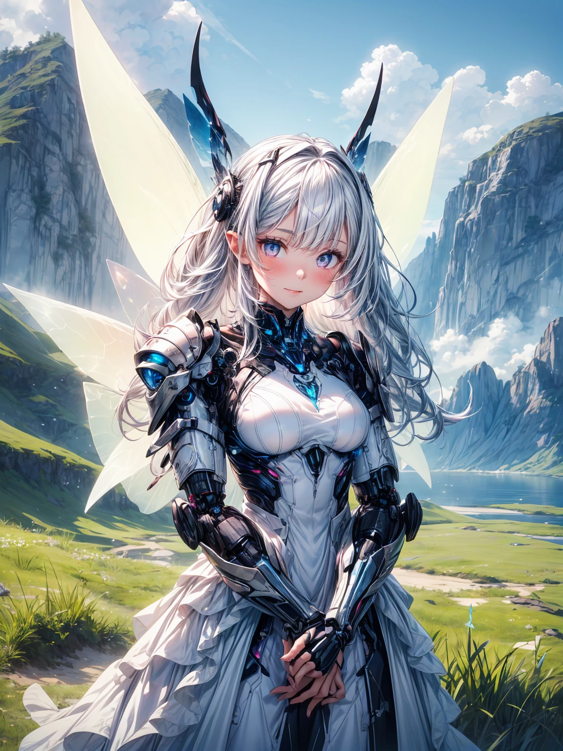 (1 Girl: 1.0),
(Age 25:1.0), (Medium Chest: 1.2), (Pink medium hair:1.0),
(Beautiful Face:1.1), (Clear blue little eyes: 1.0), (Cybernetic female robot: 1.0), (Very detailed mech suit:1.0),
(White Gothic Breastplate:1.0), (Doll joints: 1.0), (Gorgeous and modest white wizard dress skirt:1.1),
(Decorative embroidery:1.0), (White luxury dress:1.1), (iridescent holographic fairy wings:1.3), (Flight:1.1), (A kind smile:1.0),
An image of a female android Flight low over an undulating grassy field. The mountain behind her々々There is, Blue sky and lake. Shining from above in the midday sun.
Highest quality, masterpiece, (Watercolor style:1.2)