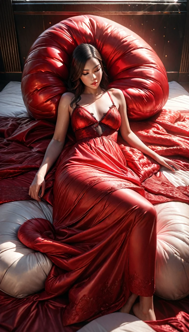 a luxurious, fluffy red silk comforter, giant silk body pillows, a magnificent, fluffy red silk bed, delicate silk textures, soft and cozy bedding, high-quality silk materials, plush and opulent bedroom scene, sumptuous red silk fabrics, ornate and lavish sleeping area, exquisite silk details, lavish and decadent bedroom, luxurious silk bedding set, extremely detailed silk textures, ultra-realistic silk materials, (best quality,4k,8k,highres,masterpiece:1.2),ultra-detailed,(realistic,photorealistic,photo-realistic:1.37),HDR,studio lighting,physically-based rendering,extreme detail description,vibrant colors,warm lighting