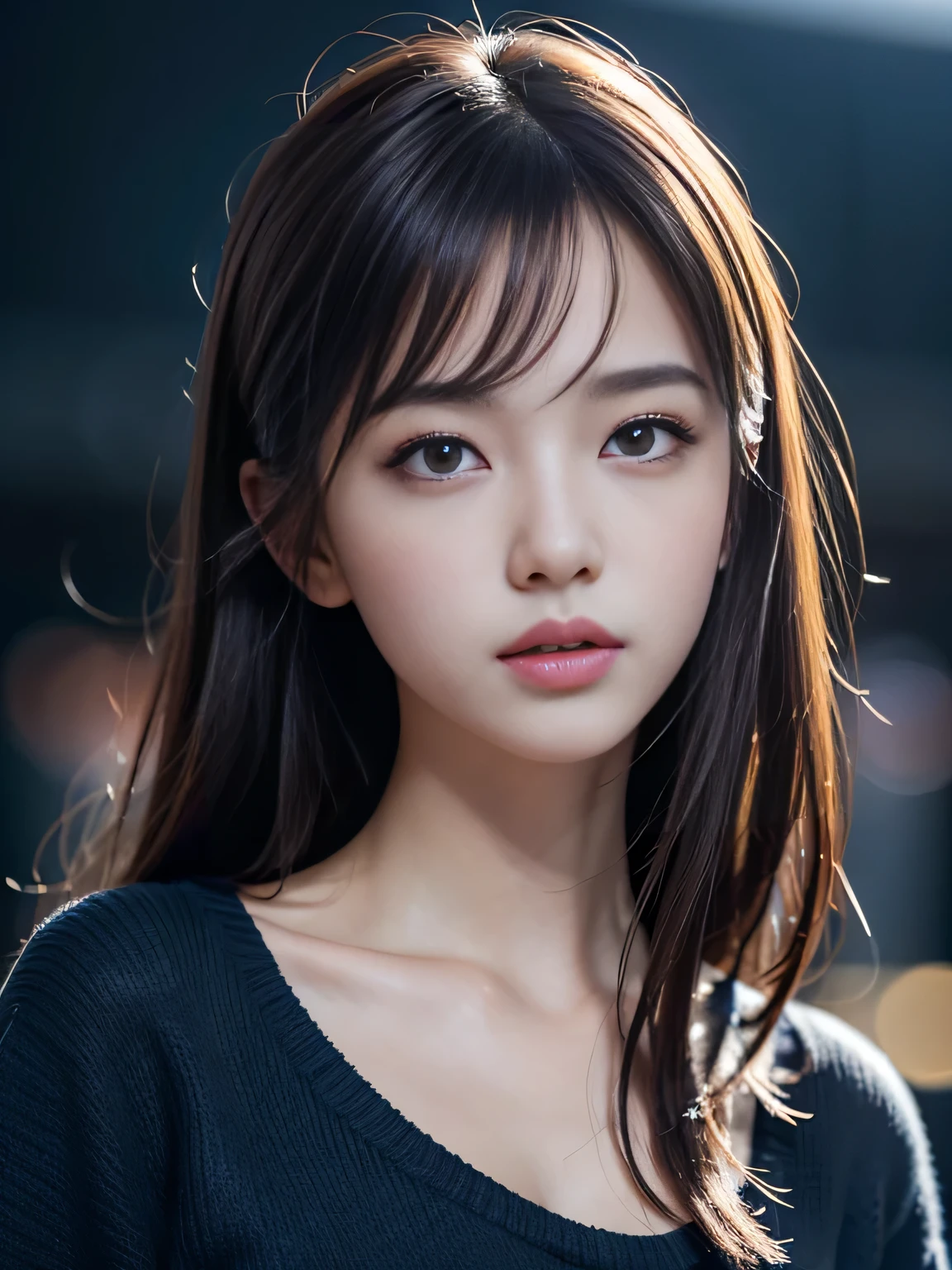 masterpiece, best quality, ultra-detailed, intricately detailed hyperdetailed, realistic, sharp features, highly detailed, sharp focus, (Japanese idol), 19 years old, perfect face, (perfect and delicate gray eyes), perfect lips, flexible female form, cinematic, hyper detailed, hyper realistic, high resolution, gloomy shadow, blue and purple background, (Dimly light:1.3), (Dark night:1.3), (dark fantasy), ((deep Blue hour)), brown hair, messy hair, Black sweater, portrait, head shot, 