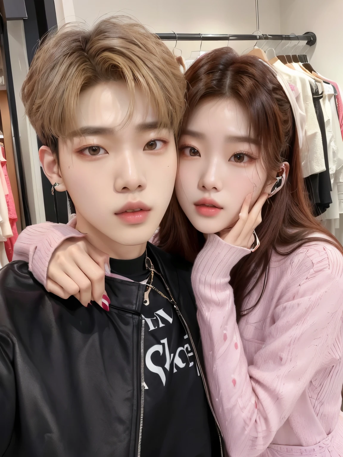 araffe and a woman posing for a picture in a clothing store, kim doyoung, sun yunjoo, kda and sam yang, jossi of blackpink, nixeu and sakimichan, couple pose, cai xukun, ulzzang, taejune kim, ❤🔥🍄🌪, 😭🤮 💔, jinyoung shin