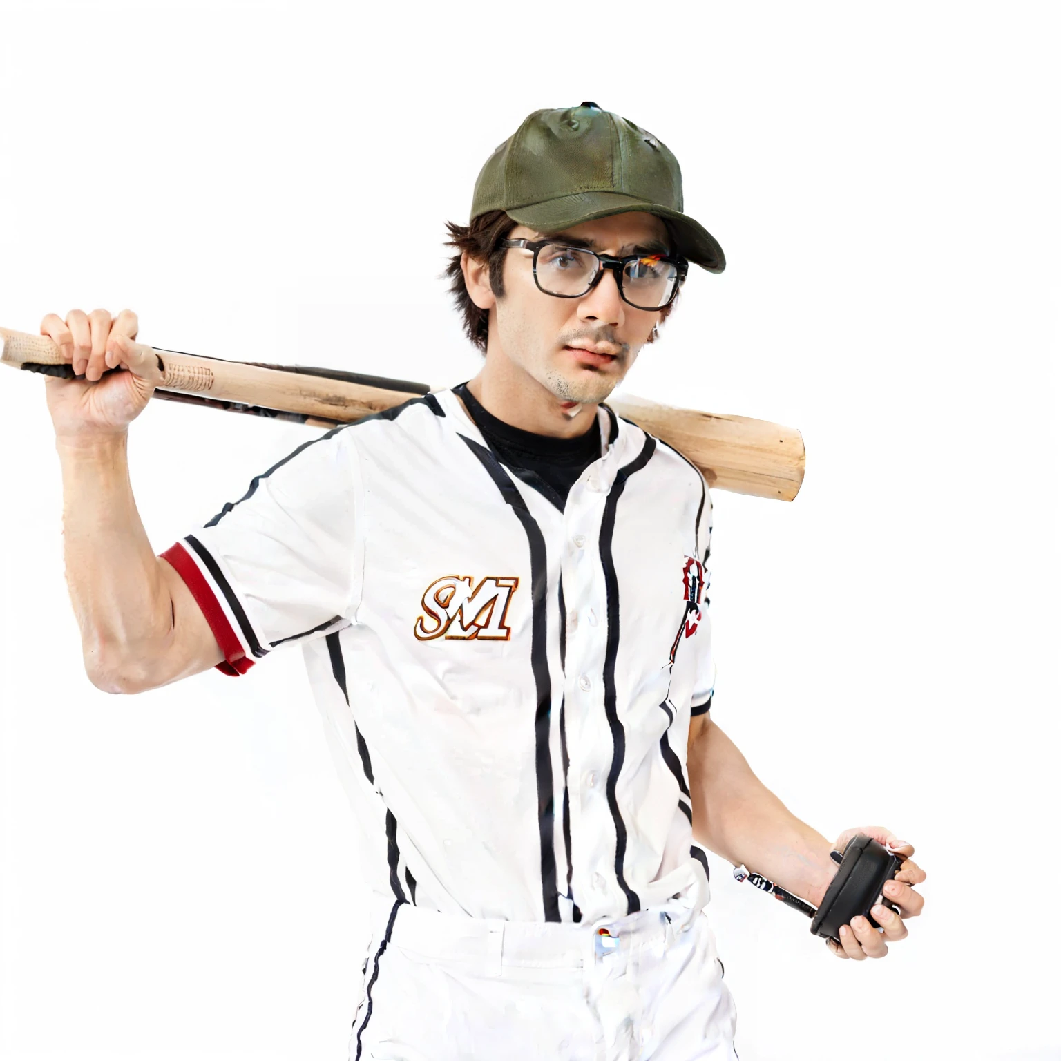 American man, baseball cap, baseball stick, white stripe baseball shirt, grenades, black glasses, 