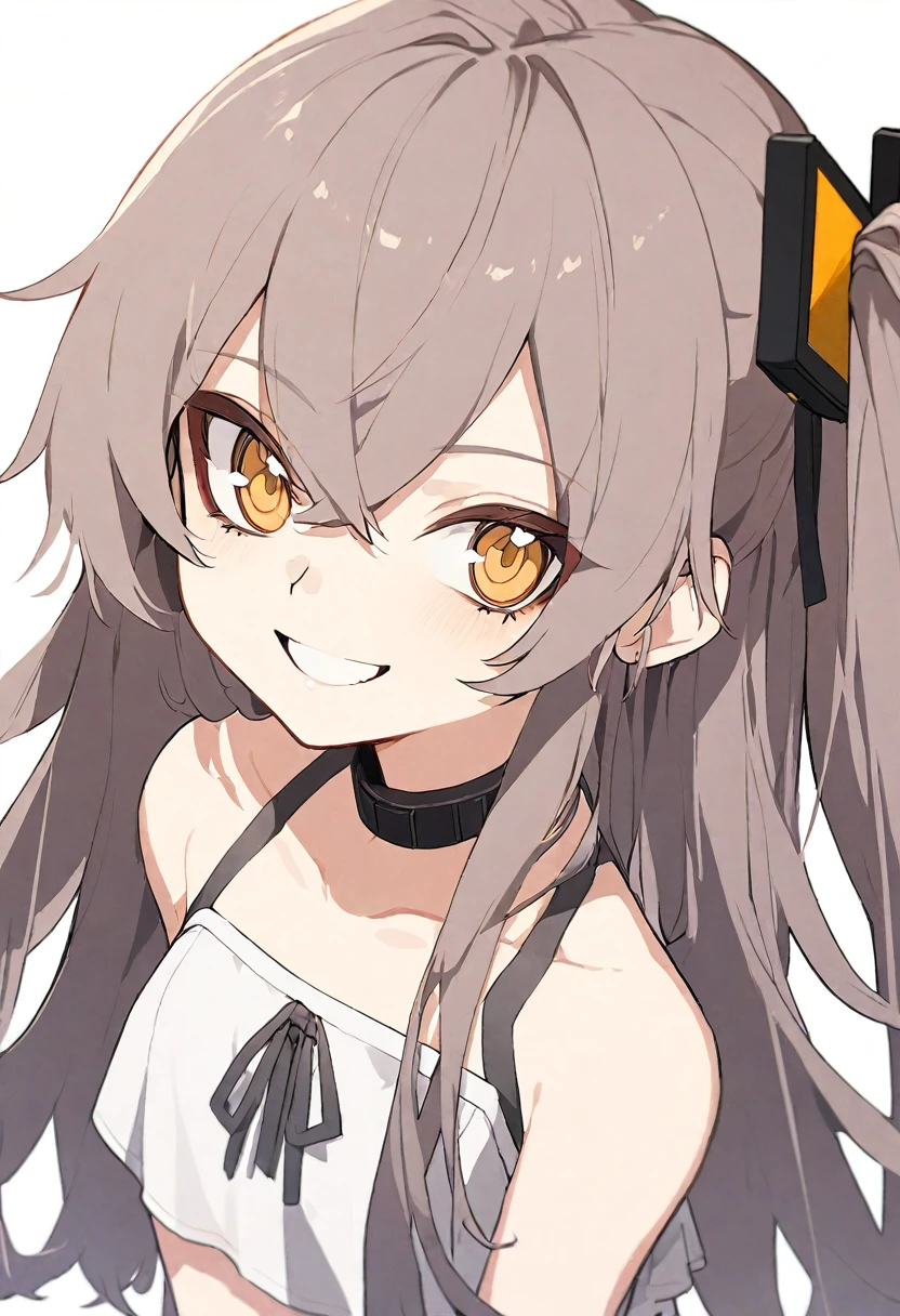 1 girl, vtuber style, cool girl, girls frontline style, girls frontline, UMP45, long hair, swimsuit, small chest, cropped shoulders, clavicle, looking at viewer, smile, (whole body), standing,