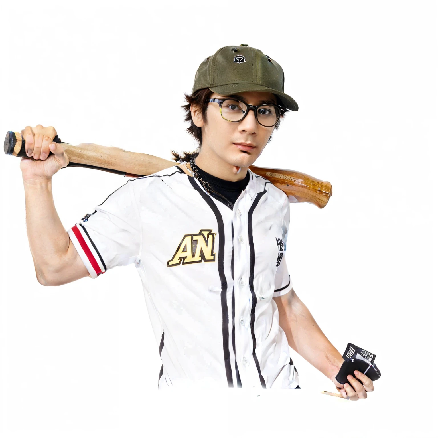 American man, baseball cap, baseball stick, white stripe baseball shirt, grenades, black glasses,
