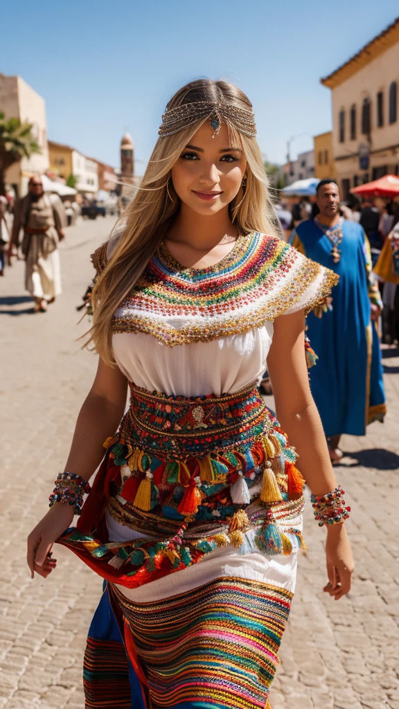 beautifull hot german blonde, robe kabyle, berber, amazigh dress, kabyledress, tizi ouzou, berber outfit, kabylegirl, bijoux, street blurred background, realistic, 4k