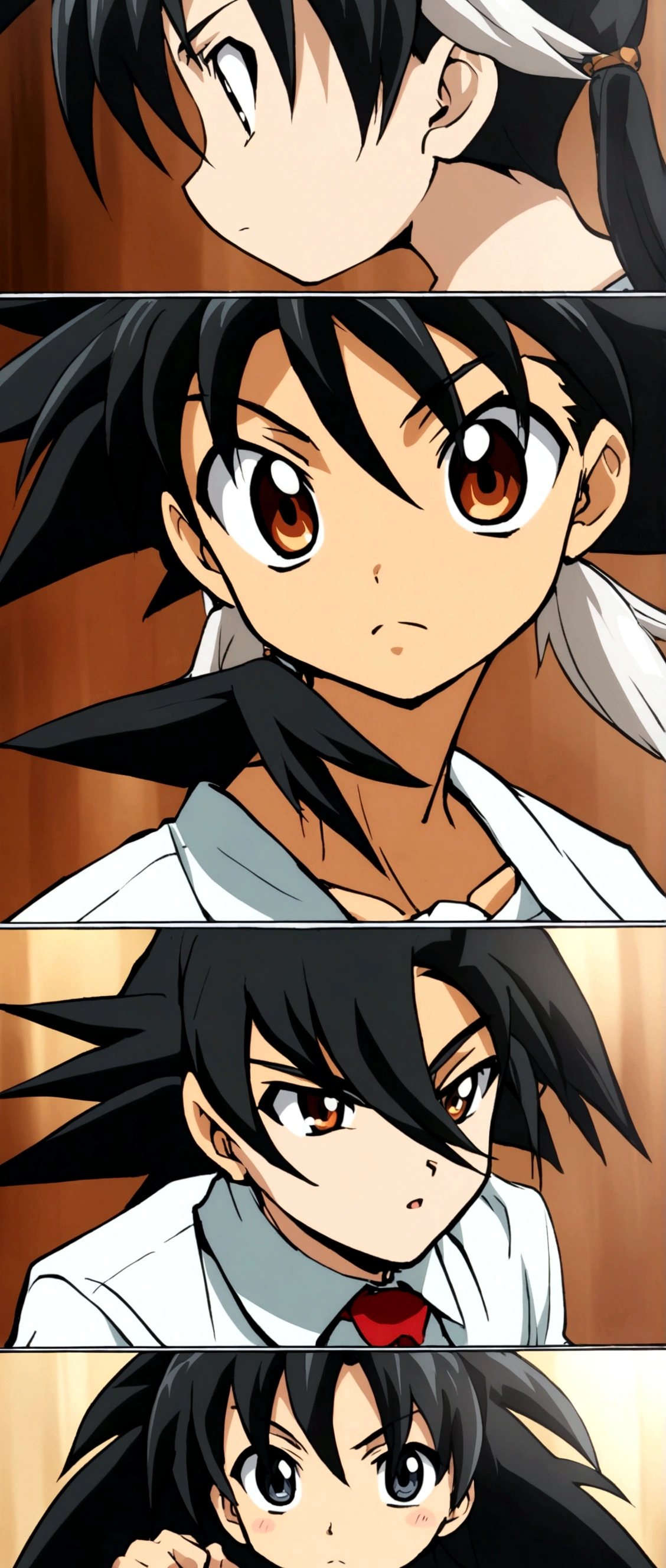 Black haired with white tips charcater ,male , shaman King artstyle , ,black coat , black pants , red tie and white shirt ,all basic clothes