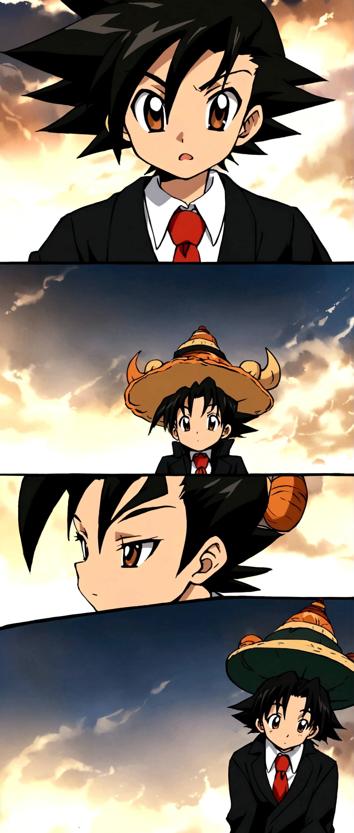 Black haired with white tips charcater ,male , shaman King artstyle , ,black coat , black pants , red tie and white shirt ,all basic clothes