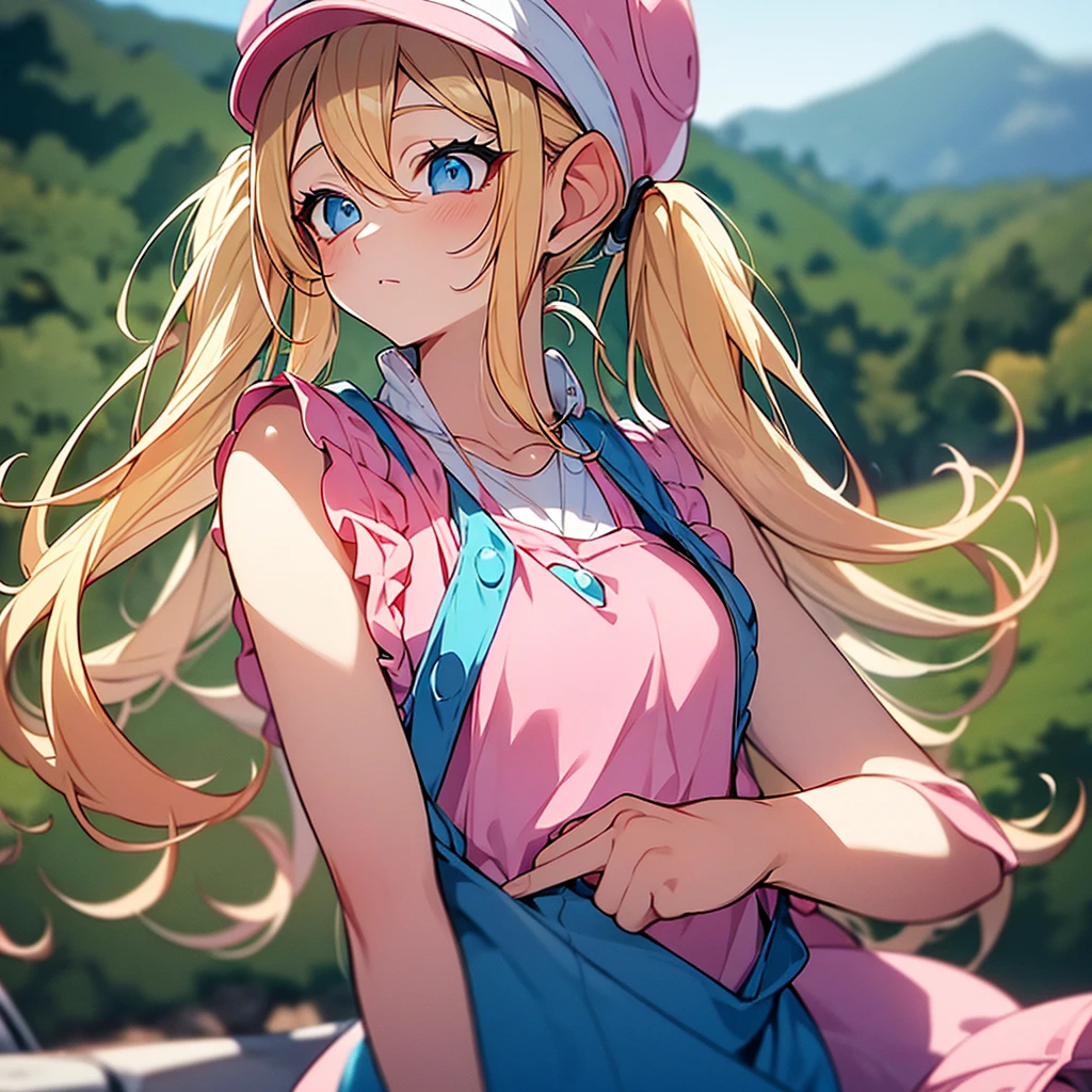 A single adult woman, blue eyes, Blonde, hair in two pigtails, pink vests, pink dress with white overalls, a pink hat on her head, in a calm and sweet environment, photography as for social media profile, Dragon Ball Z style and design, especially in the eyes
