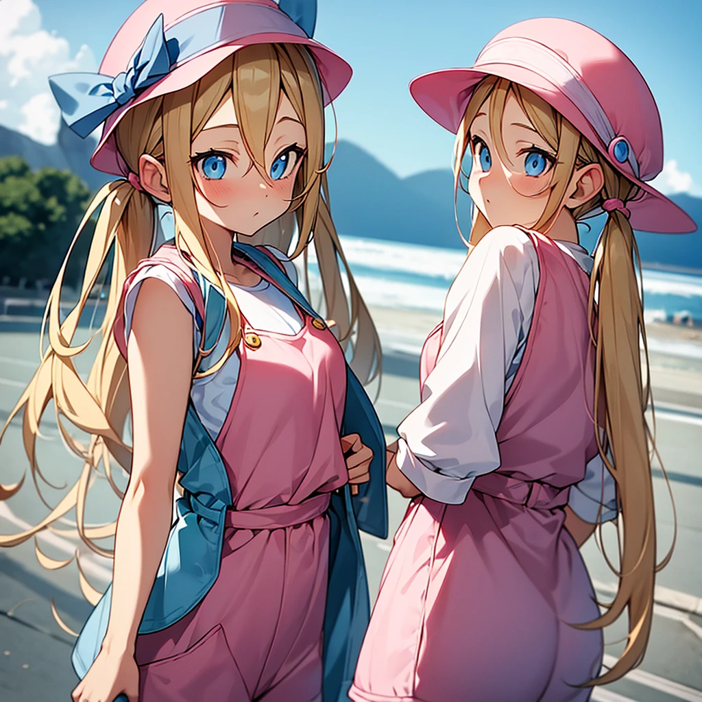 perfect anime illustration, 2girls, twin sisters, identical sisters, brown hair, blonde hair, (1 blonde girl, 1 brown haired girl, different hair colors), curly hair, matching hairstyle, hazel eyes, smiling, ((matching outfits, blue uniforms)), matching hairstyles, white background, highres, full body, pose