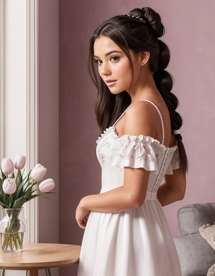 Create a hyper-realistic digital painting of a young woman with long, dark hair styled in two braids with buns. She is standing confidently in a modern room, wearing a fitted, white and lavender mini dress with delicate black floral embroidery and ruffled trim. The dress features a lavender bra-like top. The background includes contemporary decor with a vase of pink tulips visible on a side table, and a large window letting in natural light, highlighting the details of her outfit and the room. The woman's expression is confident and inviting.