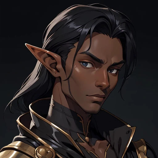 (masterpiece), (best quality),(portrait),(bust up),1boy,solo,(sharp focus),((look at viewer)),elf,elf wizard,(black hair),(dark skin) ,(black skin),adult, (ancient:1),ancient luxurious long clothes,old school fantasy art,((simple background)),super shiny face,Ultra Glossy Skin,from front,