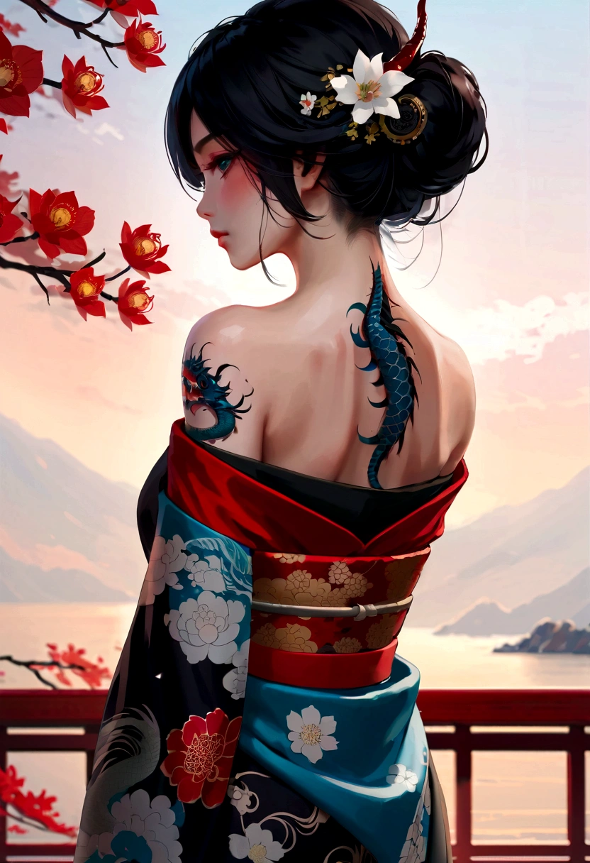 masterpiece, Top quality, best quality, Official Art, beautiful and aesthetic:1.2),1 Girl, Tattoo, Solitary, Japanese clothes, Red and black kimono, Hair accessories, unsheathing, Black Hair, sheath, back Tattoo, dragon Tattoo, blue eyes, Off-shoulder, Bare shoulders, look back, From the back, flower, Looking at the audience, Keep, cosmetic, outdoor,