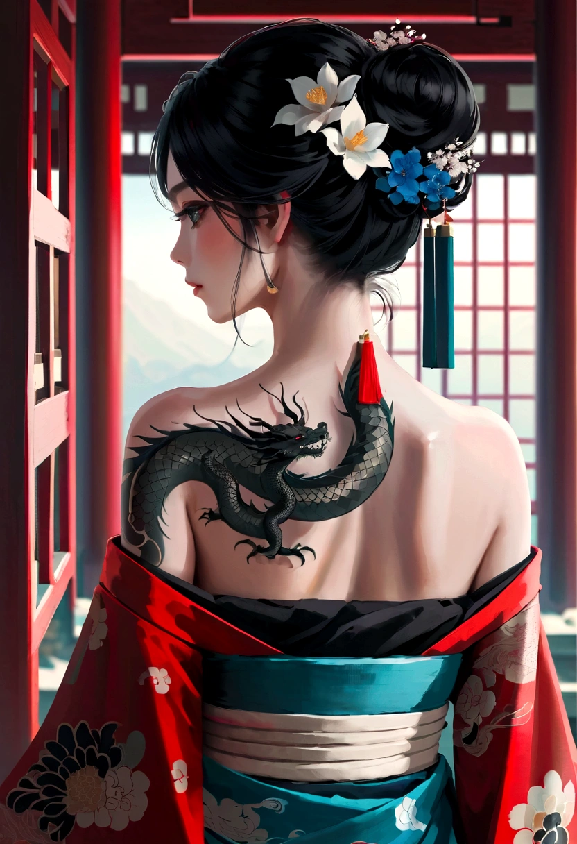masterpiece, Top quality, best quality, Official Art, beautiful and aesthetic:1.2),1 Girl, Tattoo, Solitary, Japanese clothes, Red and black kimono, Hair accessories, unsheathing, Black Hair, sheath, back Tattoo, dragon Tattoo, blue eyes, Off-shoulder, Bare shoulders, look back, From the back, flower, Looking at the audience, Keep, cosmetic, outdoor,