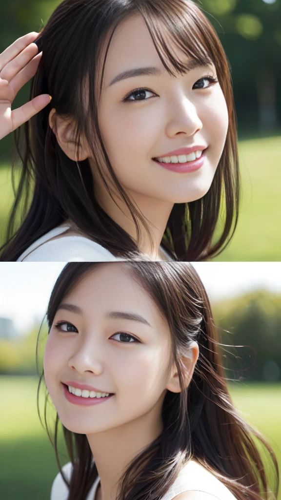 (Surreal), (High resolution), (8K), (Very detailed), (Beautiful and fine details), (Highest quality), (Ultra-detailed), (masterpiece), (Detailed face), Park Background、Yui Arakaki's face、huge 、Japanese: Tie your hair up、Laughter、Salute pose with a smile、１Angle of view1 person