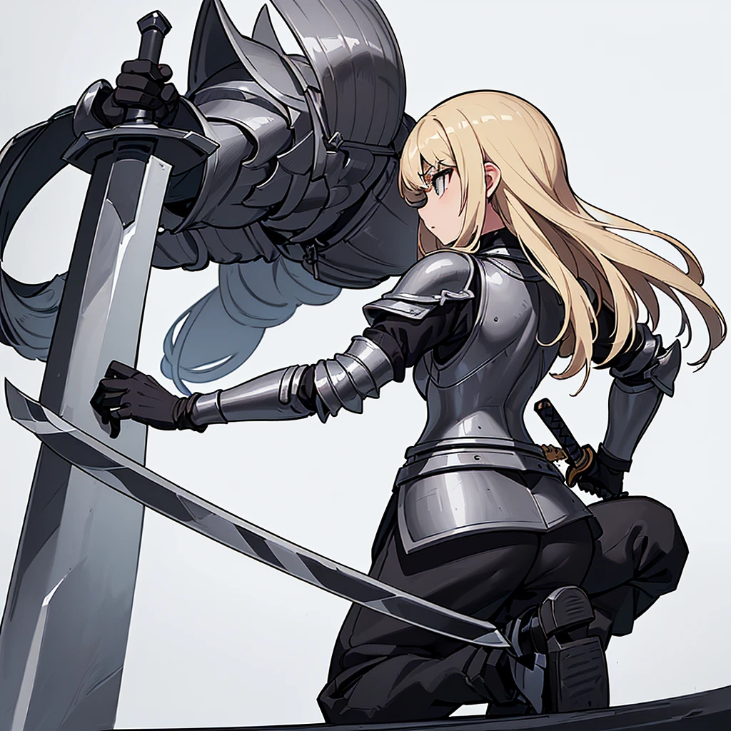 (((Solo)))、Best illustrations、Best Quality、(Full body character concept、detailed)、(((Simple grey armor、Black trousers、Black gloves))、(woman、18-year-old)、(Blonde、Long Hair)、(((Grab the sword、Get Ready)))、(From below、From the back)、(White background)