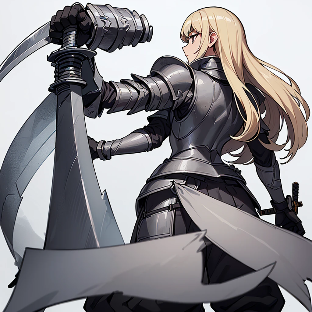 (((Solo)))、Best illustrations、Best Quality、(Full body character concept、detailed)、(((Simple grey armor、Black trousers、Black gloves))、(woman、18-year-old)、(Blonde、Long Hair)、(((Grab the sword、Get Ready)))、(From below、From the back)、(White background)