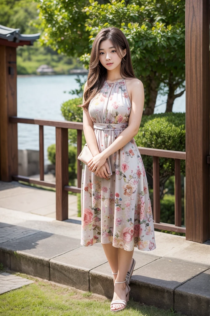 Beautiful 20 year old woman, Japanese,One Woman,Beautiful, perfect and detailed face,Natural long brown hair,Fine eyes and lips,Realistic, Very detailed,8K, masterpiece,Floral Dress Style,Light floral long dress and sandals,Background is a university campus