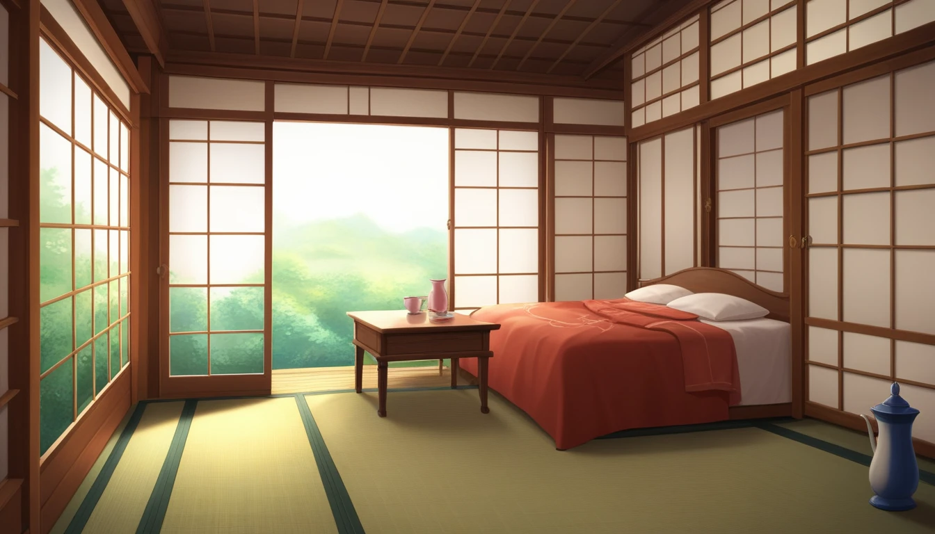 The Japanese traditional Japanese room, tea ceremony room, shoji, fusuma, and tatami mats have koto,(((Ghibli style))), Spirited Away, Howl's Moving Castle, dreamy colour palette, 