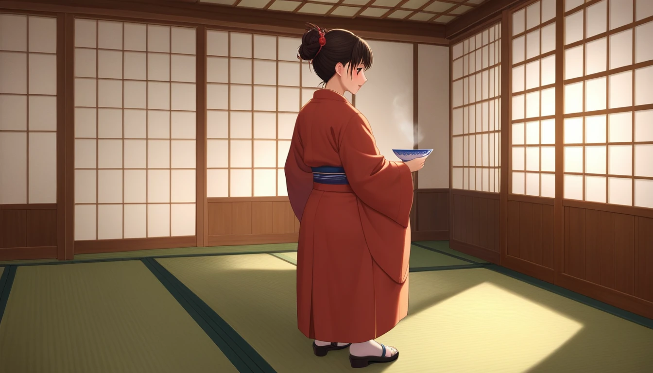 The Japanese traditional Japanese room, tea ceremony room, shoji, fusuma, and tatami mats have koto,(((Ghibli style))), Spirited Away, Howl's Moving Castle, dreamy colour palette,