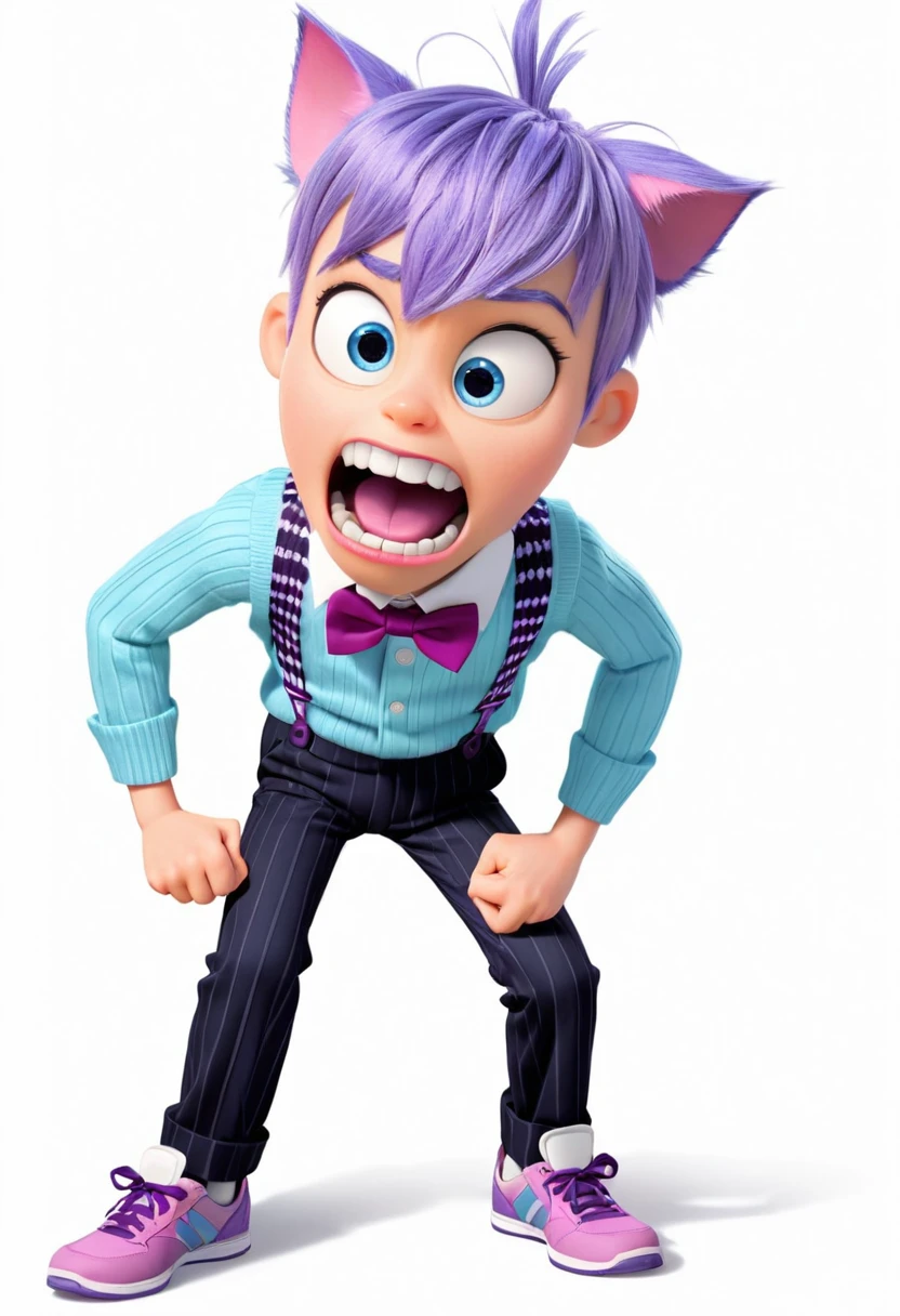 Fear (a boy character in the movie "Inside Out" with purple skin color, purple hair, powder blue long-sleeved shirt with white stripes, a Hounds tooth sweater vest, violet pants, black shoes, and a magenta bow tie) is scared, holding his face, mouth open, scared and shock, nervous, while looking at the computer screen, show the screen, scenetic, wide