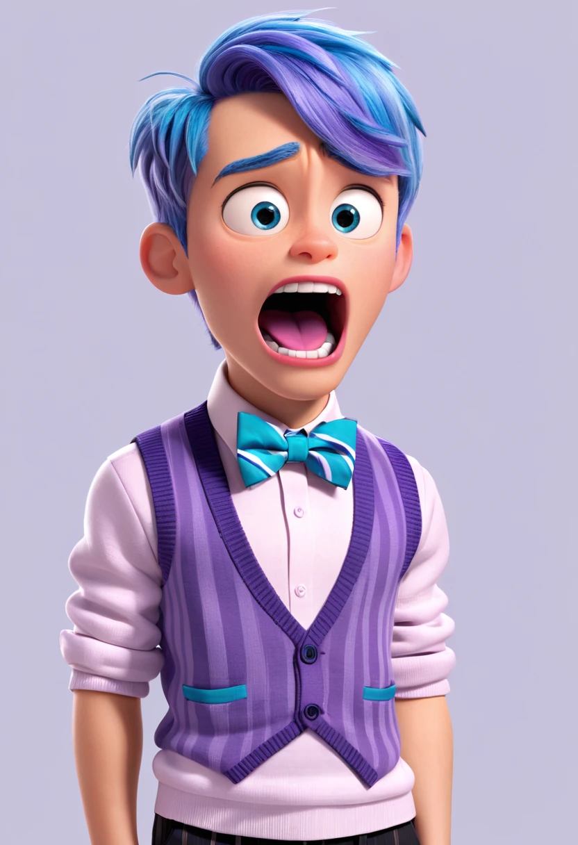 Fear (a boy character in the movie "Inside Out" with purple skin color, purple hair, powder blue long-sleeved shirt with white stripes, a Hounds tooth sweater vest, violet pants, black shoes, and a magenta bow tie) is scared, holding his face, mouth open, scared and shock, nervous, while looking at the computer screen, show the screen, scenetic, wide