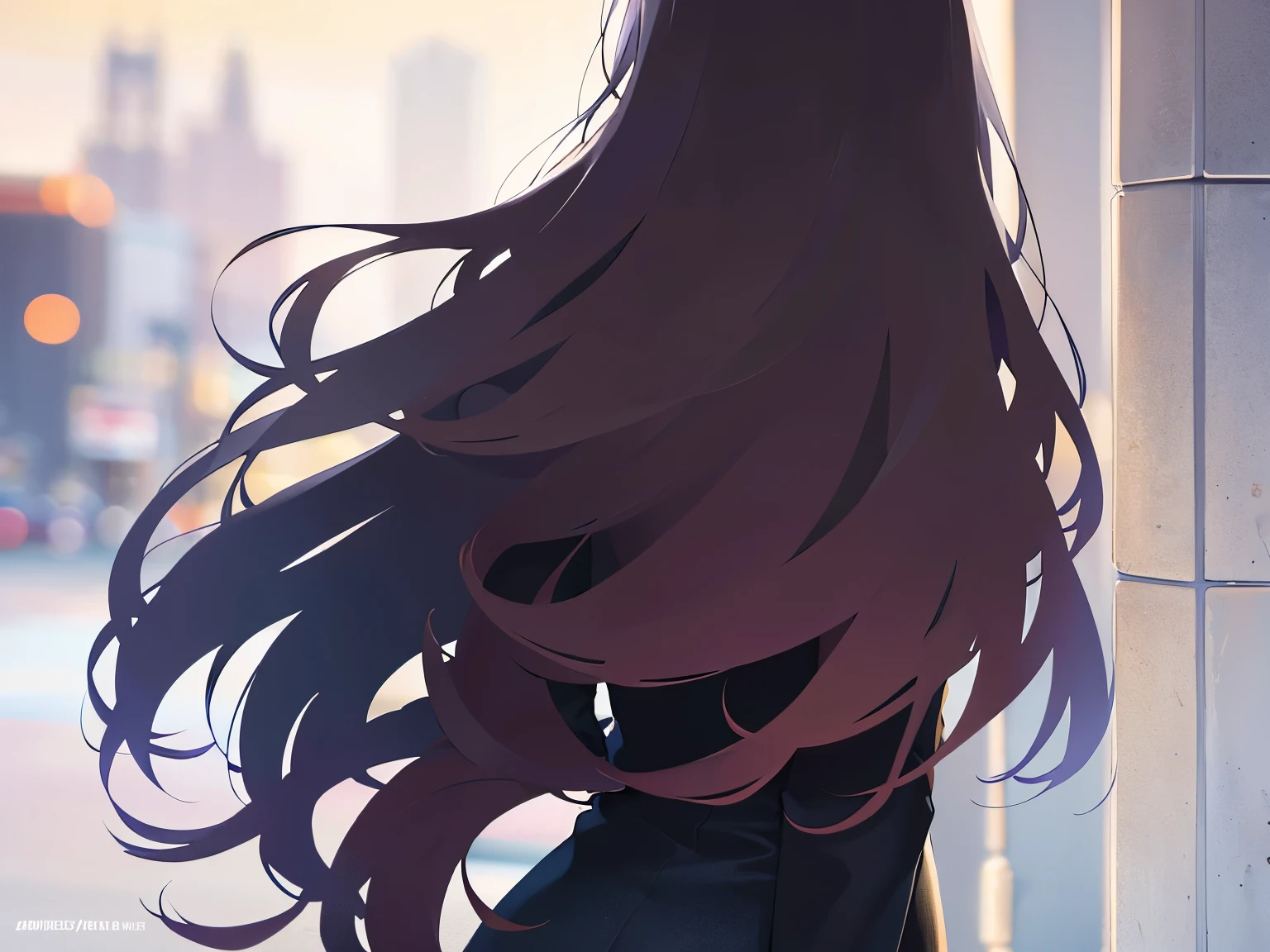 from behind,Upper Body, Realistic, real person, (pale skin: 1.2), RAW photo, photorealistic, shiny skin, shiny hair、(35 year old woman with medium length hair) and (wavy hair) and (brown hair) ,(Wearing a black suit jacket)、Back view
