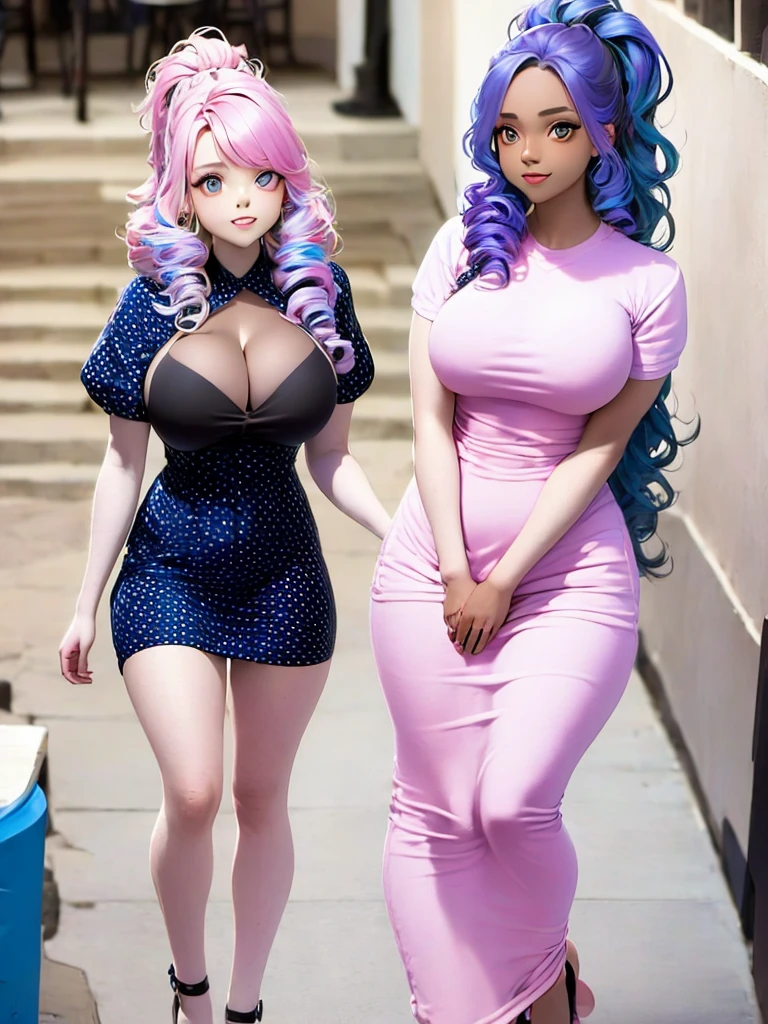 futuristic girl, dark skin, purple colored eyes, space, purple hair, blue hair, pink hair, long hair, dark skin, futuristic coffee shop