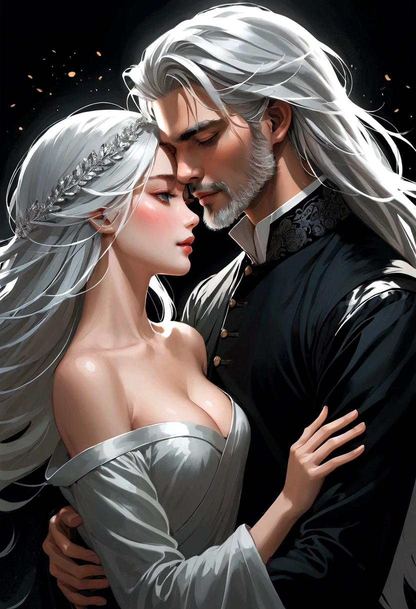 masterpiece, Superb Fashion, (Fashion Costume), (illustration), (2 people), Handsome Young Couple, (Mill Style), Fashion, Silver Hair, (Long hair), (Messy hair), (White skin), (Dark circles), Handsome, Dance steps, trend, Dark Gray,, close up, (Large background), (Chiaroscuro)), Refined facial details, Facial details, light, (Depth of Field), Ultra HD, (Upper Body), black background