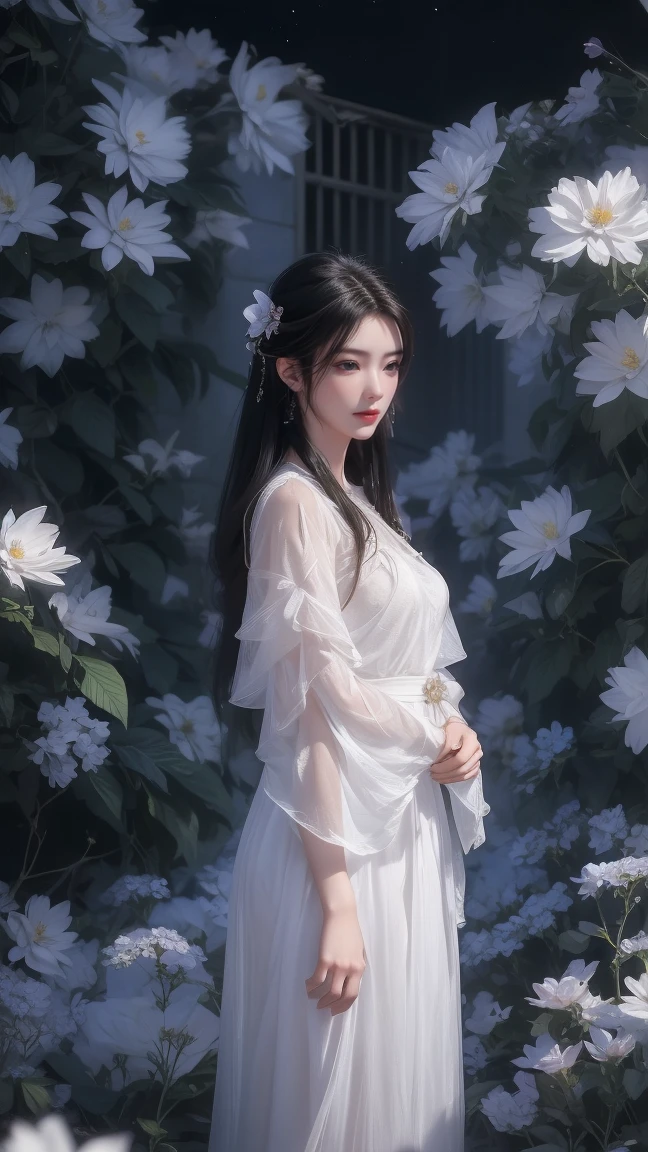 1girl, girl with long black hair, smiling, cheerful, girl is standing among a wide expanse of flowers,girl posing gracefully , surrounded by beautiful flowers, Calm and peaceful atmosphere, night, moonlight , Beautiful glowing butterflies surround the girl lighting up the darkness of the night, magic,Romantic, the night breeze blows the Sepoi Sepoi girl's hair, 