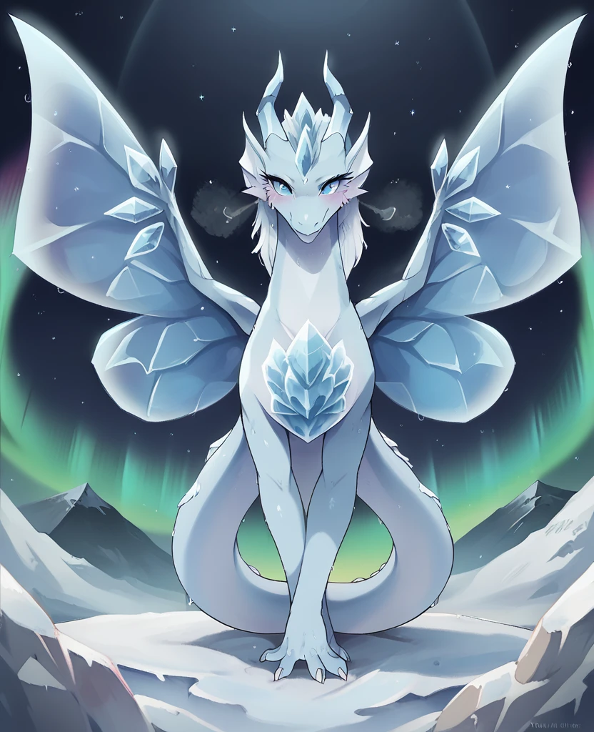 masterpiece, best quality, ultra-detailed, intricate illustration, detailed lighting, aurora borealis, night sky, 1 female frost dragon, crystalline scales, iridescent wings, elegant posture, ice breath, swirling snow, magical aura, fantasy, mythical creature, starry background, mountaintops, dynamic pose, flowing motion, epic scene, majestic creature, ice magic, female frost dragon's eyes glowing with arcane power and female frost dragon's body emanating an ethereal cold radiance