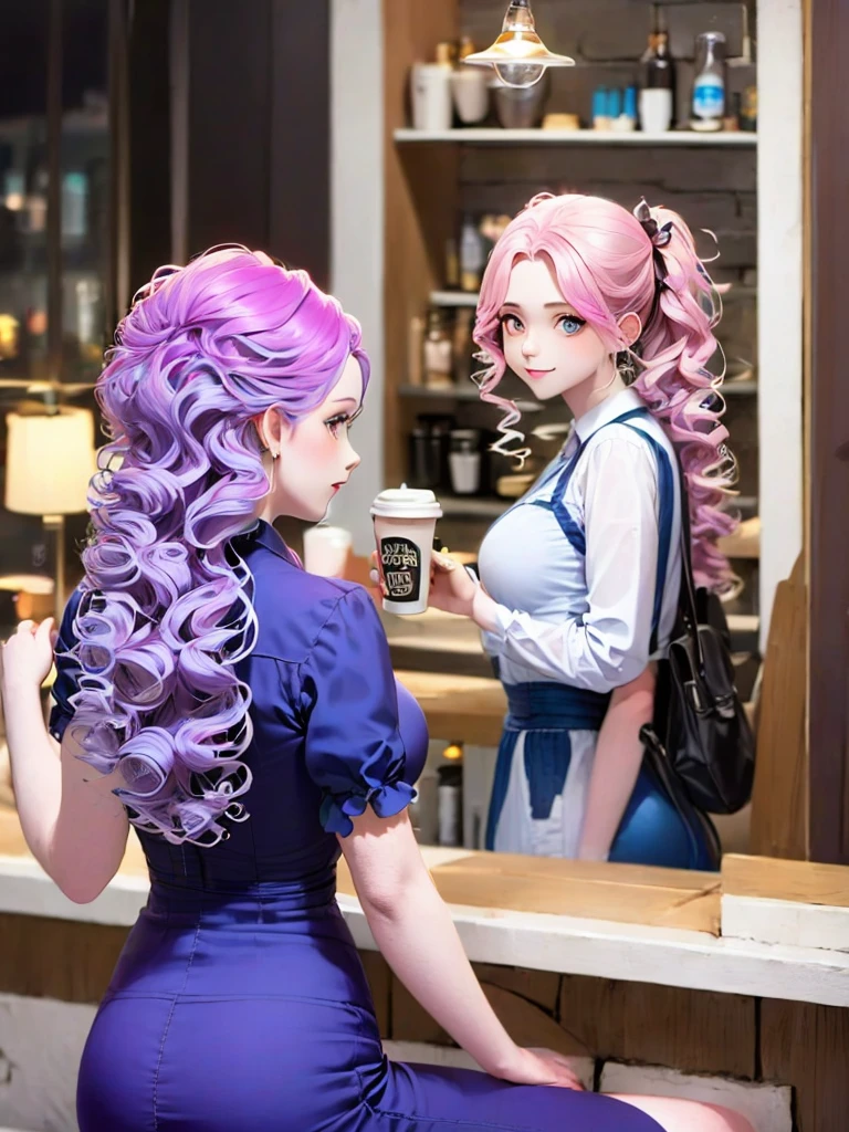 futuristic girl, dark skin, purple colored eyes, space, purple hair, blue hair, pink hair, long hair, dark skin, futuristic coffee shop