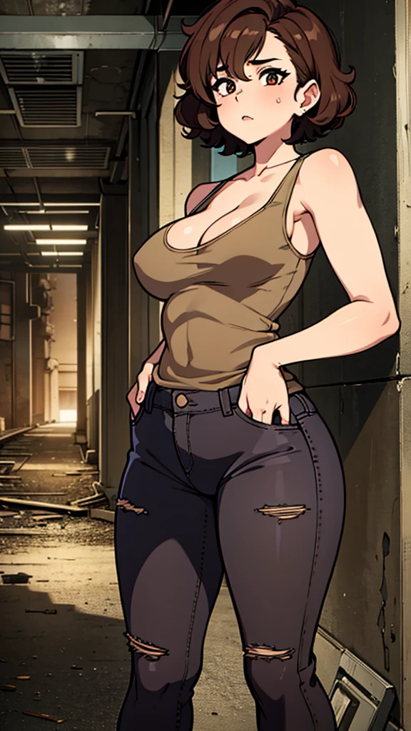 masterpiece, best quality, ultra-detailed, 1girl, eye-level shot, standing posture, brown curly short hair, cleavage, tank top, jeans, abandoned underground path