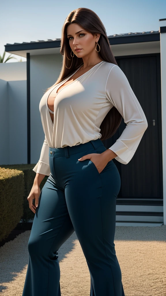 Ultra realistic image of a thick 45 year old woman, she is 5 meters tall, she has big saggy tits, has long straight hair, is wearing flared pants and a tight low-cut blouse, standing outside a modern minimalist house. Ultra realistic image with excellent, ultra HD, high quality, hyper realistic, professional photography, excellent depth effect, excellent shadow effect, perfect perspective. Front view. color palette of cold and subdued tones