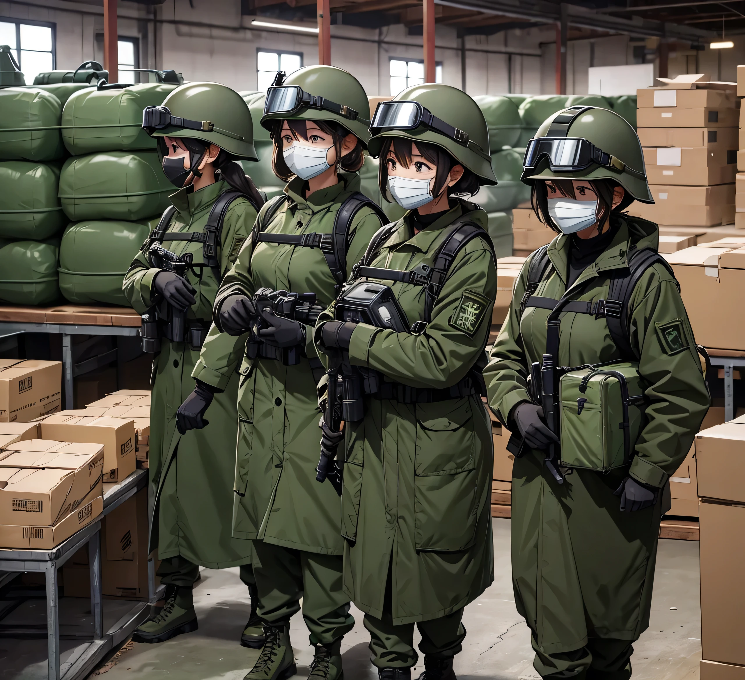 Four female soldiers all wearing dark green thick coats、helmet、Gas Mask、Goggles、Carrying goods by hand、Indoor warehouse、It&#39;s snowing outside、masterpiece、best quality、Highly detailed CG、8K picture quality