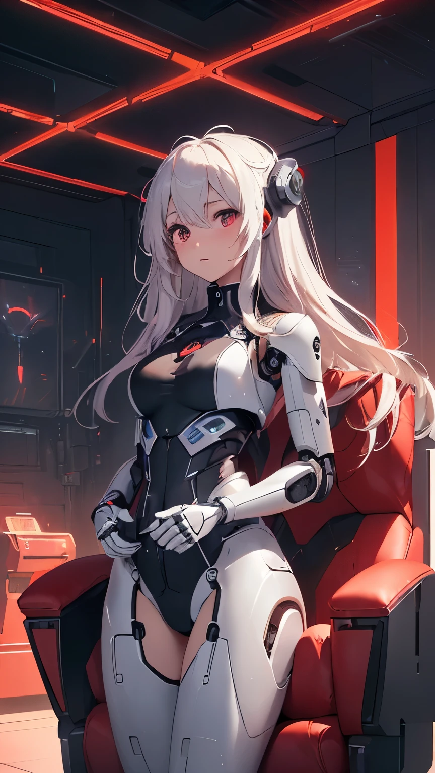最high quality、best image quality、masterpiece、android girl((18-year-old、 By becoming、vest bust、medium bust,wide open breast tea、shining eyes, water hair、messy hair、long hair、thin,highest valley、white robot body、shining blue body、Close ~ eyes、All connected to cables、Show the whole body、robot arm、robot feet)),high quality、beautiful art、background((dark bio facility、dark room、high performance chair、Infrared Sensor、red lighting))、Flight、debris flies、Depth of written boundary、movie、visual art、perfect art、8K,genuine、