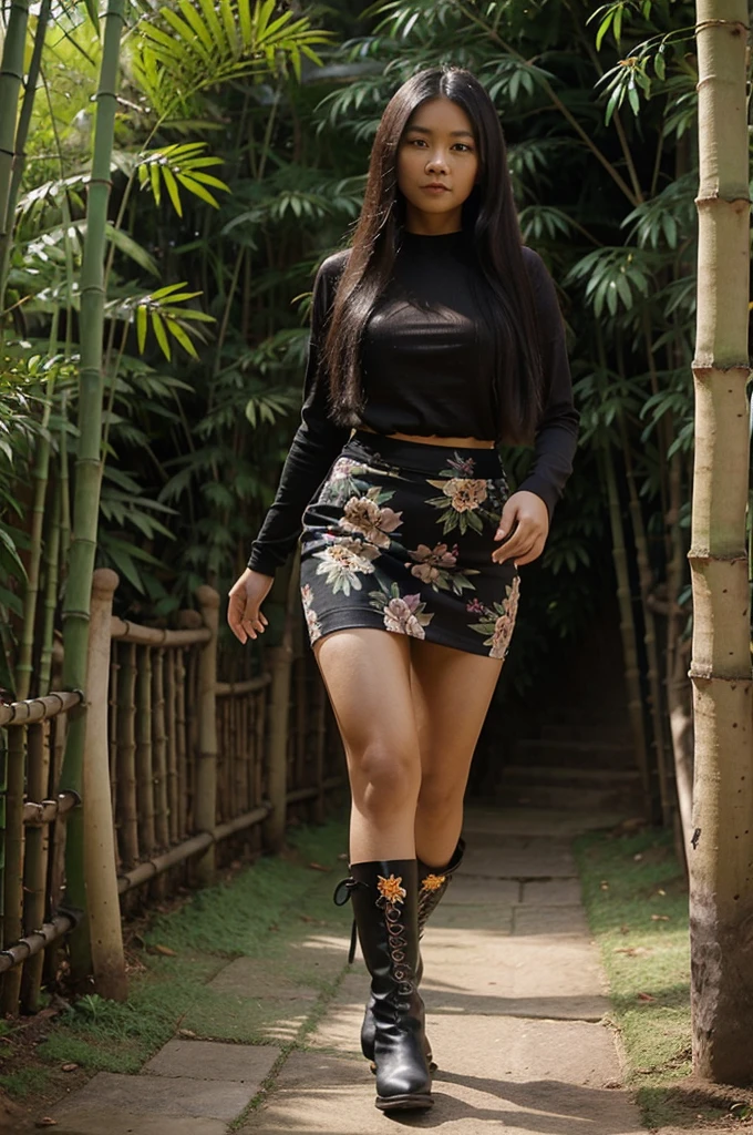 An Indonesian woman, wearing a tight black t-shirt, long floral skirt, black boots, long hair, is walking in the bamboo garden, her face facing the camera 
