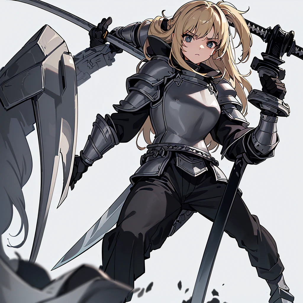 (((Solo)))、Best illustrations、Best Quality、(Full body character concept、detailed)、(((Simple grey armor、Black trousers、Black gloves))、(woman、18-year-old)、(Blonde、Long Hair)、(((Grab the sword、Get Ready)))、(From below、From the back)、(White background)