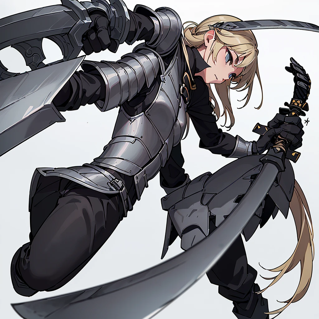 (((Solo)))、Best illustrations、Best Quality、(Full body character concept、detailed)、(((Simple grey armor、Black trousers、Black gloves))、(woman、18-year-old)、(Blonde、Long Hair)、(((Grab the sword、Get Ready)))、(From below、From the back)、(White background)