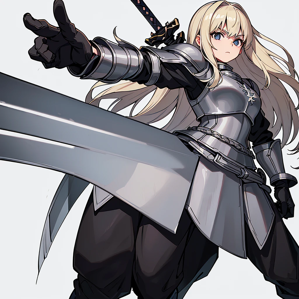 (((Solo)))、Best illustrations、Best Quality、(Full body character concept、detailed)、(((Simple grey armor、Black trousers、Black gloves))、(woman、18-year-old)、(Blonde、Long Hair)、(((Grab the sword、Get Ready)))、(From below)、(White background)