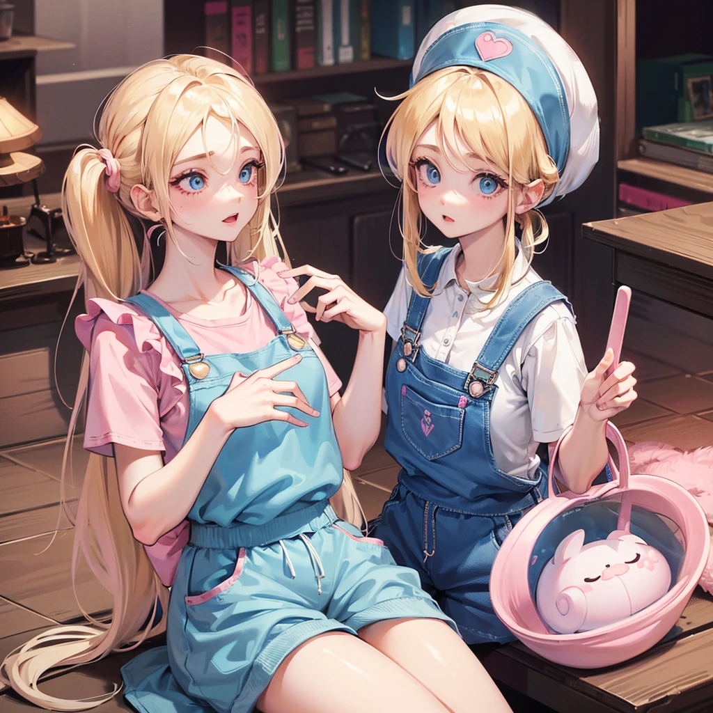 A single adult woman, blue eyes, Blonde, hair in two pigtails, pink vests, pink dress with white overalls, a pink hat on her head, in a calm and sweet environment, photography as for social media profile, Dragon Ball Z style and design, especially in the eyes