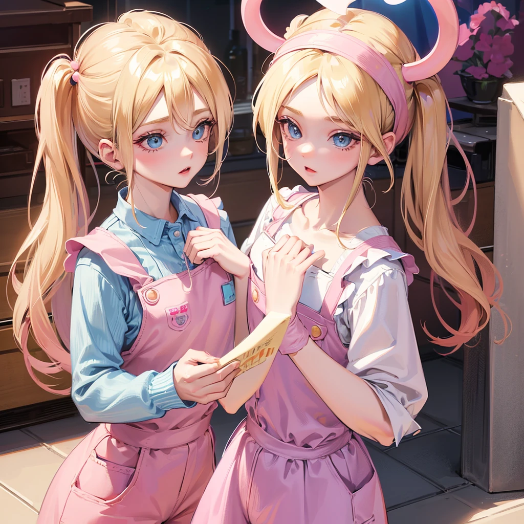 A single adult woman, blue eyes, Blonde, hair in two pigtails, pink vests, pink dress with white overalls, a pink hat on her head, in a calm and sweet environment, photography as for social media profile, Dragon Ball Z style and design, especially in the eyes