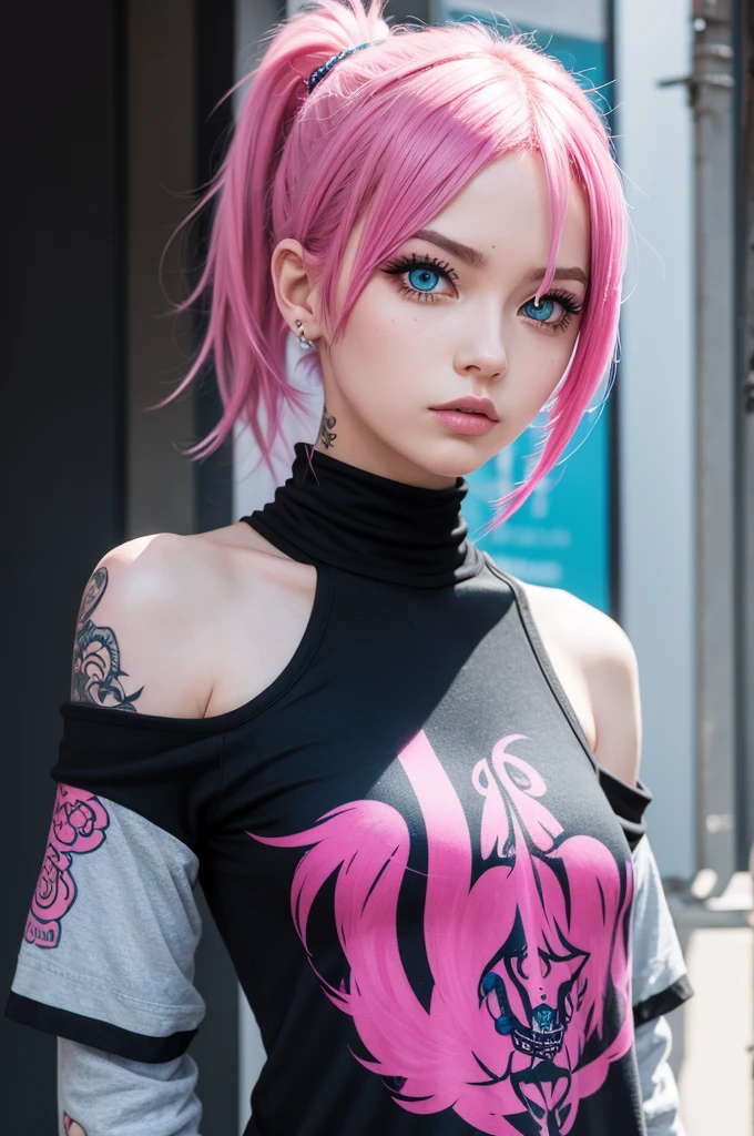 best quality, works of masters, high resolution, 1 woman, What a beautiful face, really beautiful eyes, very beautiful pink mohawk hair,(magazine cover:1.2),Trendy Harajuku style rock outfit,bare one's shoulders, highlighted super huge super huge , showing cleavage,(huge breasts:1.8), (small waist:1.1),((very large breasts:1.6))
