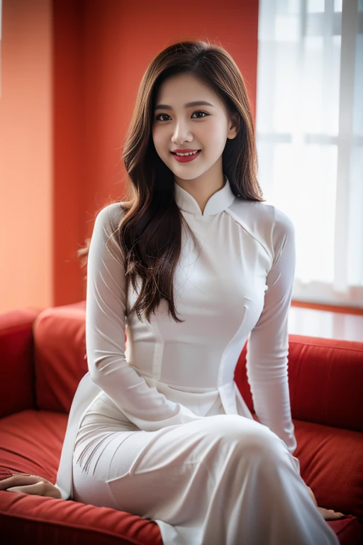 VIETNAM BEAUTIFUL GIRL WEAR AODAI, AO DAI COSTUME, VIETNAMESE, ((tet holiday in vietnam)), 4k, masterpiece,, stunning beautiful idol detailed face, all body , (vietnam model girl), nsfw, sexy, see-though clothes, light smile, make up, big , red color, ((tet red color backdrop))