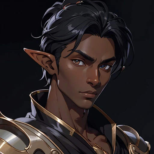 (masterpiece), (best quality),(portrait),(bust up),1boy,solo,(sharp focus),((look at viewer)),elf,elf wizard,(black hair),(dark skin) ,(black skin),adult, (ancient:1),ancient luxurious long clothes,old school fantasy art,((simple background)),super shiny face,Ultra Glossy Skin,from front,