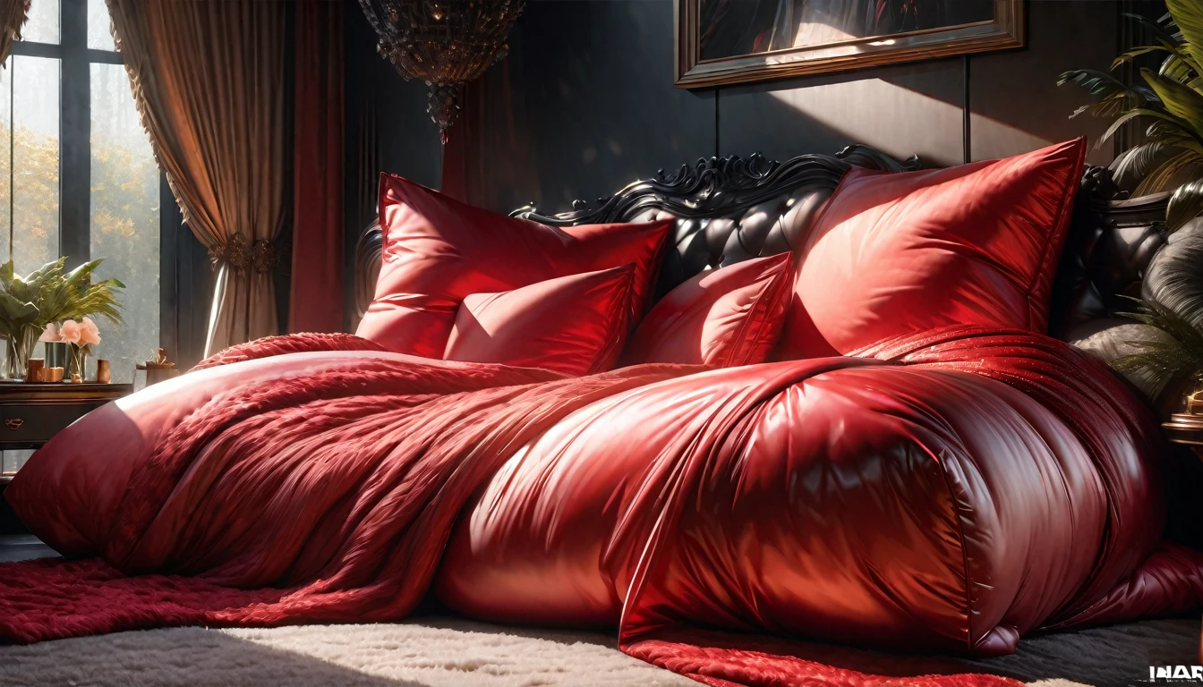 a luxurious, fluffy red silk comforter, giant silk body pillows, a magnificent, fluffy red silk bed, delicate silk textures, soft and cozy bedding, high-quality silk materials, plush and opulent bedroom scene, sumptuous red silk fabrics, ornate and lavish sleeping area, exquisite silk details, lavish and decadent bedroom, luxurious silk bedding set, extremely detailed silk textures, ultra-realistic silk materials, (best quality,4k,8k,highres,masterpiece:1.2),ultra-detailed,(realistic,photorealistic,photo-realistic:1.37),HDR,studio lighting,physically-based rendering,extreme detail description,vibrant colors,warm lighting