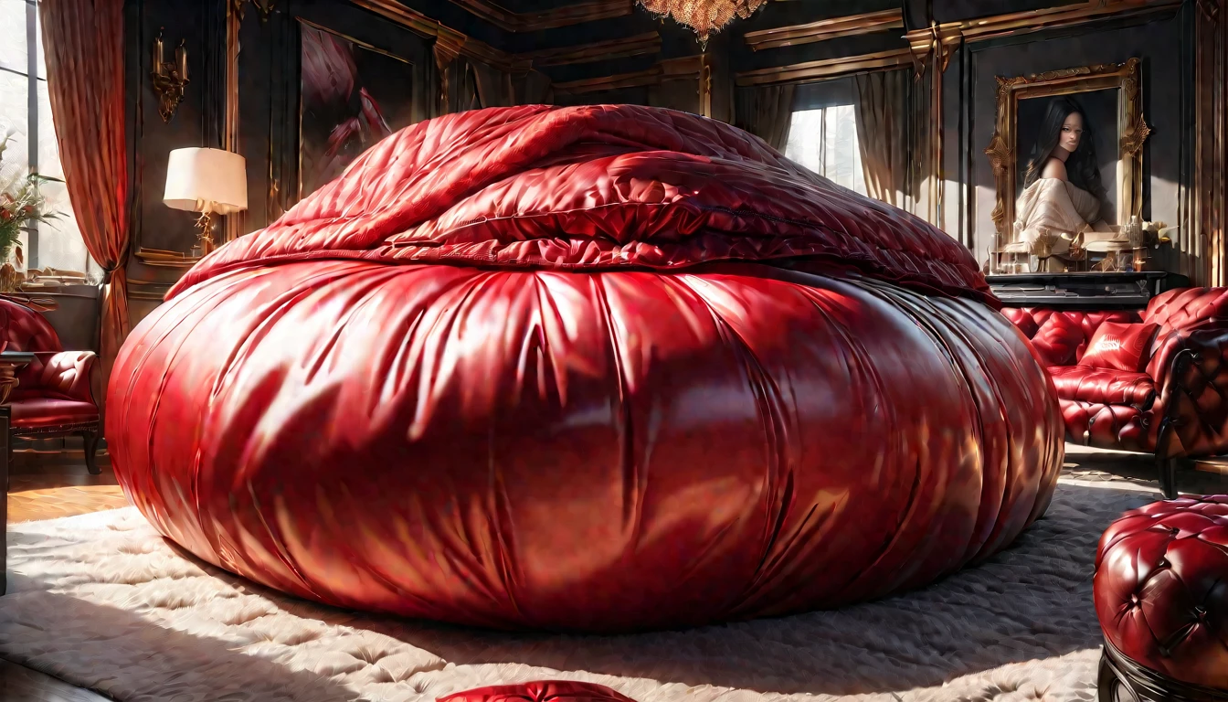 a luxurious, fluffy red silk comforter, giant silk body pillows, a magnificent, fluffy red silk bed, delicate silk textures, soft and cozy bedding, high-quality silk materials, plush and opulent bedroom scene, sumptuous red silk fabrics, ornate and lavish sleeping area, exquisite silk details, lavish and decadent bedroom, luxurious silk bedding set, extremely detailed silk textures, ultra-realistic silk materials, (best quality,4k,8k,highres,masterpiece:1.2),ultra-detailed,(realistic,photorealistic,photo-realistic:1.37),HDR,studio lighting,physically-based rendering,extreme detail description,vibrant colors,warm lighting