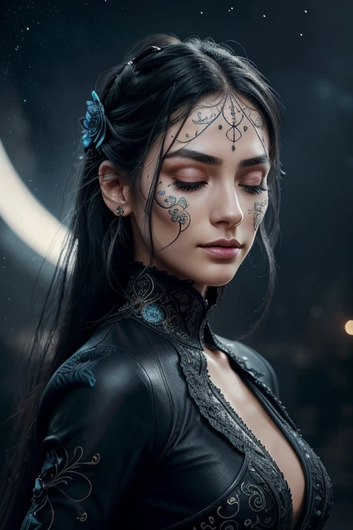 Beautiful dramatic girl in cyberpunk style, fantastic portrait, clothes consisting of a weave of translucent wires with gold flecks, 3/4 close-up, intrusive, saturated, intricate background, thought-provoking, textured image, spots, scattered rays of light, flickering light, realistic skin texture, gaze, platinum, shimmering rain, shimmering makeup, (((tattoos))), unearthly, inlay, translucent shining eyes, curls, bizarre, ornate, matte poster, highly detailed, hyperdetalized face and eyes, disheveled hair fluttering in the wind, overly detailed, scattered chaotic light