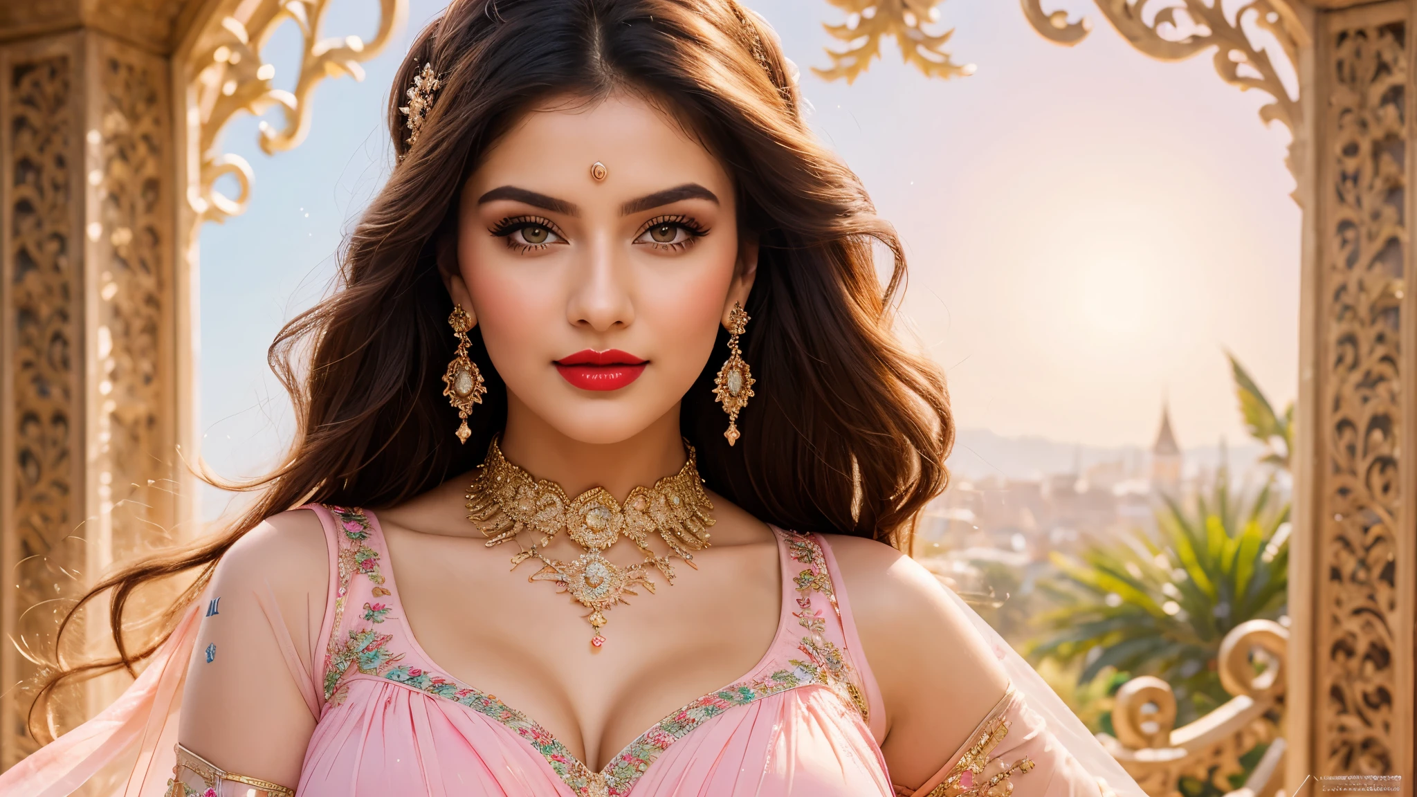perfect pink eyes, fantastic face, Indian, beautiful look, ((red lips, bright eyes, curve heir 1.5)), ((beautiful details very big breast )), (Straight round and ultra huge clevage, not sagging breast), A glorious gorgeous, glorious gorgeous face, pretty face, bright eyes, detailed elegant printed red hijab, updo elegant hair, blurred gray tones background, ultra focus, face ilumined, face detailed, 8k resolution, painted, dry brush, brush strokes, razumov style and garmash style, by Tokaito, (fluorescent colours:1.4),(semi transparent:1.4),(retro filters:1.4),(fanciful:1.4),Candy World Disneyland Ethereal Soft Fluffy Soft Landscape Forest Snowflake Pale Pink Sky Green Blue Sparkling Ethereal Light Soft Whimsical Light Rainbow Stars Diamond Sparkle Gemstone Background Ultra Realistic Ultra High Quality Cinematic Lighting Huge Details Full HD Painting Plenty of light,diagonal bangs, Dress with collar,side masterpiece, best qualityer,realskin,(sportrait:1.5), 1girll, bluntbangs, long whitr hair,